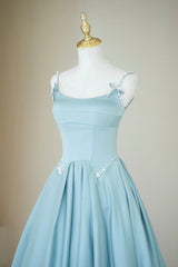 Blue Satin Long A-Line Prom Dress Outfits For Girls, Spaghetti Straps Evening Dress