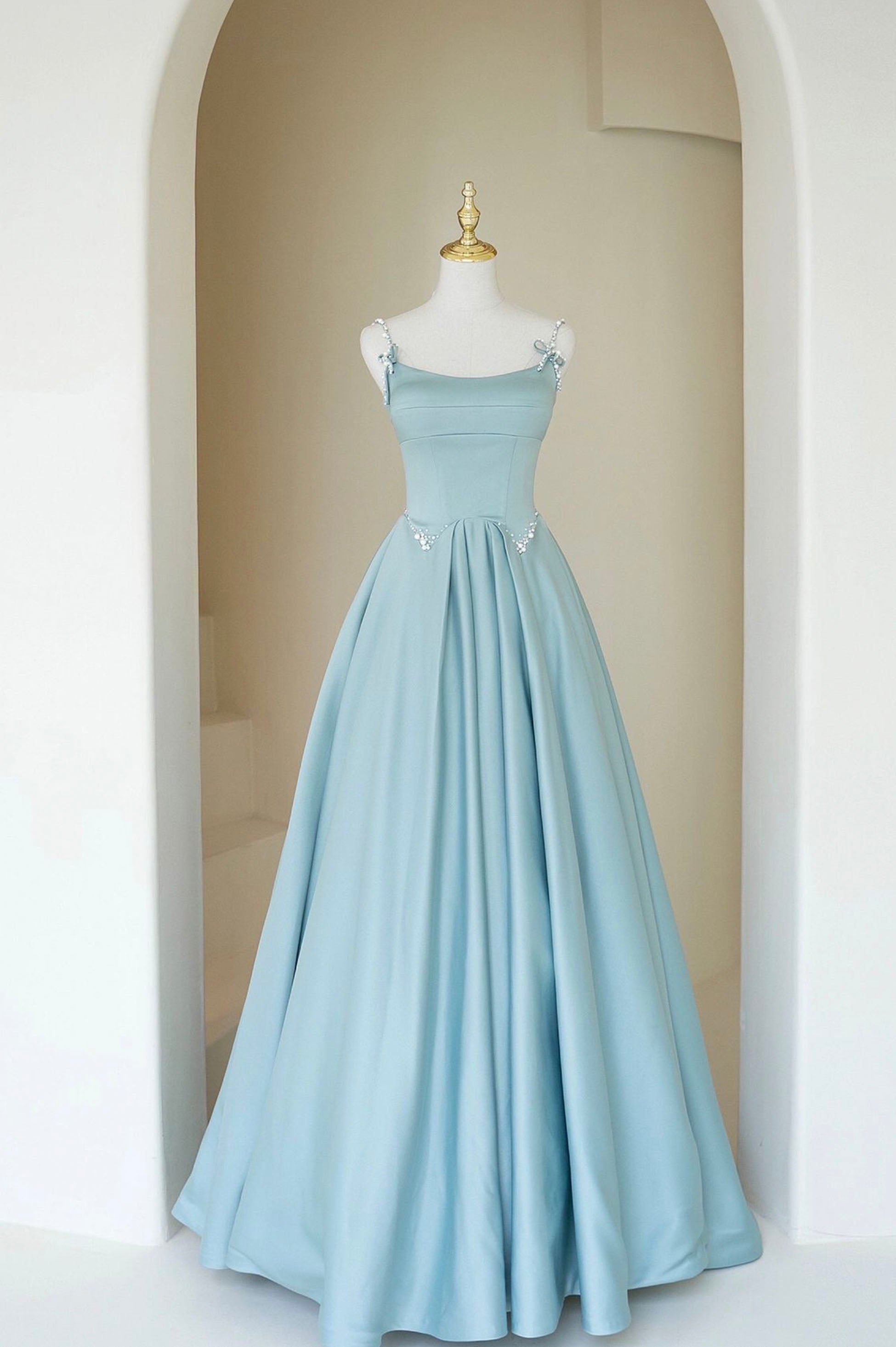 Blue Satin Long A-Line Prom Dress Outfits For Girls, Spaghetti Straps Evening Dress