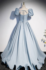 Blue Satin Long A-Line Prom Dress Outfits For Women with Pearls, Cute Short Sleeve Evening Dress
