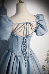 Blue Satin Long A-Line Prom Dress Outfits For Women with Pearls, Cute Short Sleeve Evening Dress