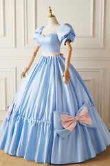 Blue Satin Long Princess Dress Outfits For Girls, Lovely Short Sleeve Ball Gown Sweet 16 Dress