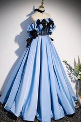 Blue Satin Long Prom Dress Outfits For Girls, Off the Shoulder Formal Evening Dress