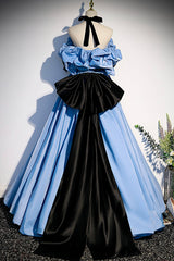 Blue Satin Long Prom Dress Outfits For Girls, Off the Shoulder Formal Evening Dress