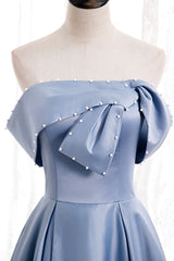 Blue Satin Long Prom Dress Outfits For Women with Pearls, Blue A-Line Strapless Party Dress
