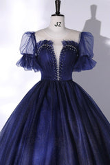 Blue Scoop Neckline Tulle Long Prom Dress Outfits For Girls, A-Line Short Sleeve Evening Gown