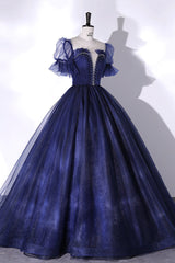 Blue Scoop Neckline Tulle Long Prom Dress Outfits For Girls, A-Line Short Sleeve Evening Gown
