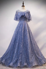 Blue Scoop Neckline Tulle Long Prom Dress Outfits For Girls, Shiny A-Line Formal Evening Dress