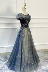 Blue Scoop Neckline Tulle Long Prom Dress Outfits For Women with Beaded, A-Line Evening Party Dress