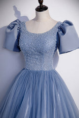 Blue Scoop Tulle Long Prom Dress Outfits For Girls, A-Line Short Sleeve Formal Dress