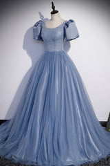 Blue Scoop Tulle Long Prom Dress Outfits For Girls, A-Line Short Sleeve Formal Dress