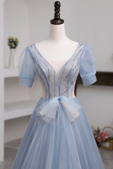 Blue Short Sleeve Tulle Floor Length Prom Dress Outfits For Women with Beaded, Blue A-Line Evening Dress