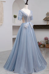 Blue Short Sleeve Tulle Floor Length Prom Dress Outfits For Women with Beaded, Blue A-Line Evening Dress