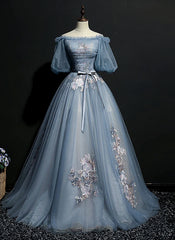 Blue Short Sleeves Long Tulle with Flower Applique Party Dress Outfits For Girls, Blue Sweet 16 Dress