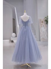 Blue Short Sleeves Tulle Long Sweetheart Party Dress Outfits For Girls, A-line Blue Prom Dress