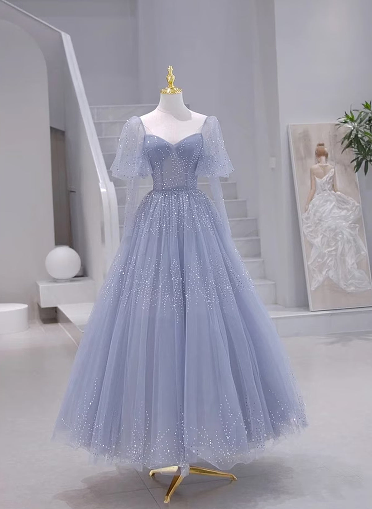 Blue Short Sleeves Tulle Long Sweetheart Party Dress Outfits For Girls, A-line Blue Prom Dress