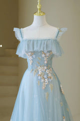 Blue Spaghetti Strap Lace Long Prom Dress Outfits For Girls, Cute A-Line Graduation Dress
