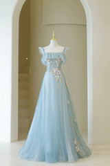 Blue Spaghetti Strap Lace Long Prom Dress Outfits For Girls, Cute A-Line Graduation Dress