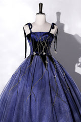 Blue Spaghetti Strap Tulle Long Prom Dress Outfits For Women with Star, Blue Evening Party Dress
