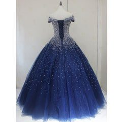 Blue Sparkle Off Shoulder Ball Party Dress Outfits For Women , Handmade Beaded Party Dress