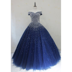 Blue Sparkle Off Shoulder Ball Party Dress Outfits For Women , Handmade Beaded Party Dress