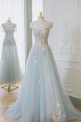Blue Strapless Lace Formal Prom Dress Outfits For Girls, A-Line Tulle Evening Party Dress