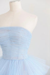 Blue Strapless Tulle Layers Long Prom Dress Outfits For Girls, A-Line Evening Dress