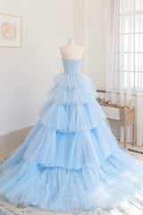Blue Strapless Tulle Layers Long Prom Dress Outfits For Girls, A-Line Evening Dress