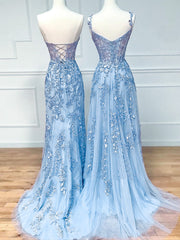Blue Sweetheart Neck Lace Long Prom Dresses For Black girls For Women, Blue Lace Graduation Dress