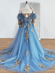 Blue Sweetheart Neck Off Shoulder Long Prom Dress Outfits For Girls, Lace Evening Dresses