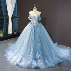 Blue Sweetheart Off Shoulder with Lace Applique Party Dress Outfits For Girls, Blue Sweet 16 Dress