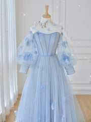 Blue Sweetheart Tulle 3D Flower Long Prom Dress Outfits For Girls, Blue Evening Dress