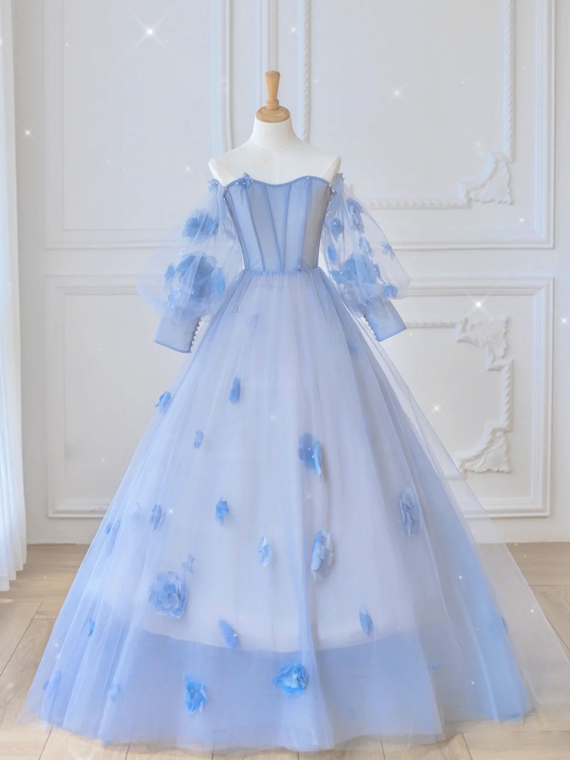 Blue Sweetheart Tulle 3D Flower Long Prom Dress Outfits For Girls, Blue Evening Dress