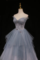 Blue Tulle A-Line Strapless Long Prom Dress Outfits For Girls, Blue Evening Party Dress
