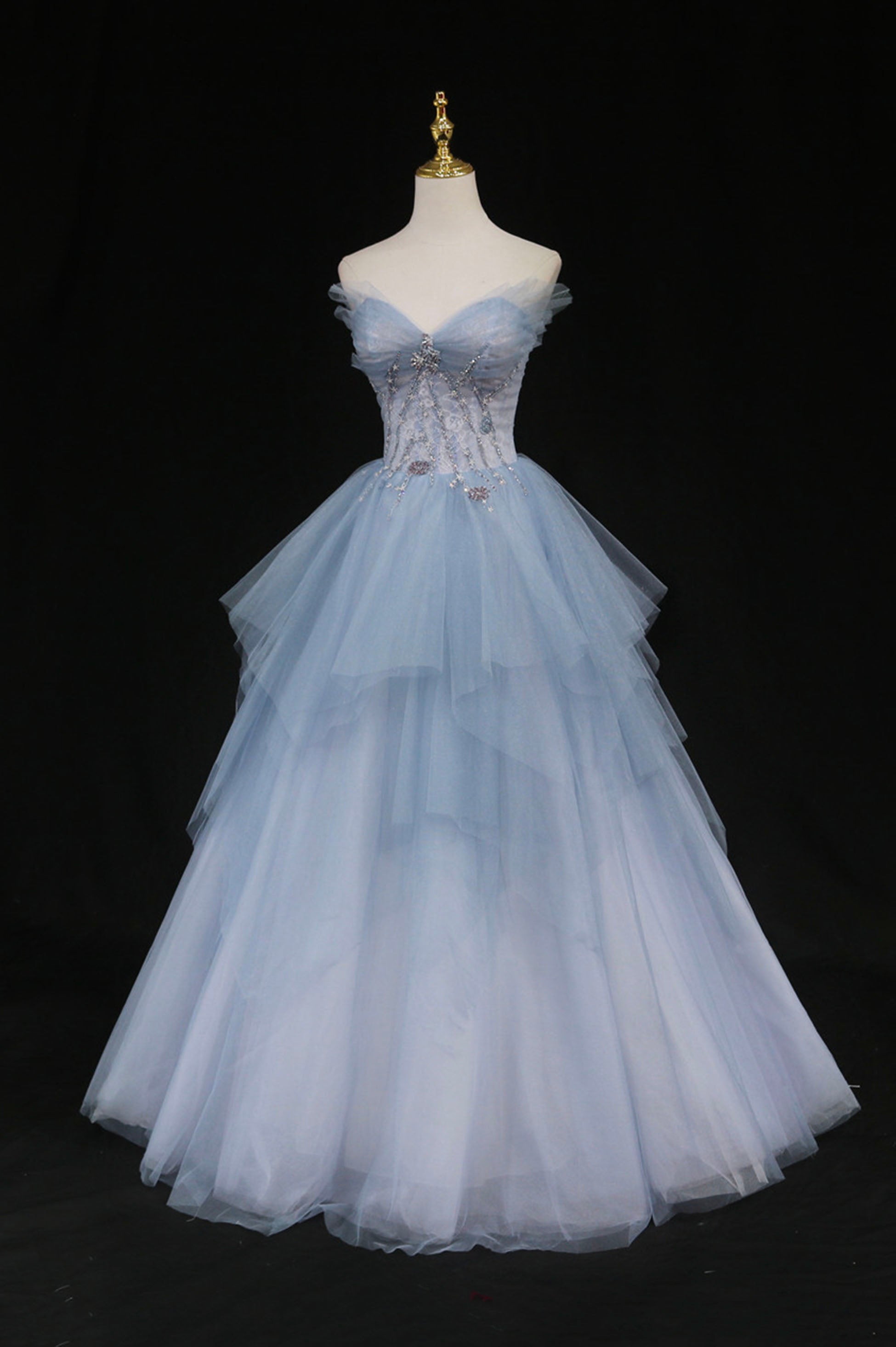 Blue Tulle A-Line Strapless Long Prom Dress Outfits For Girls, Blue Evening Party Dress