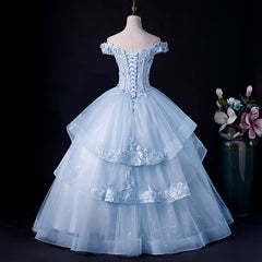 Blue Tulle Ball Gown Off Shoulder Layers Sweet 16 Dress Outfits For Girls, Blue Formal Dress Outfits For Women with Lace