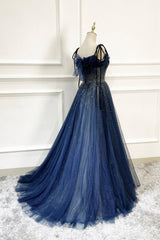 Blue Tulle Beaded Long A-Line Prom Dress Outfits For Girls, Blue Spaghetti Straps Evening Dress