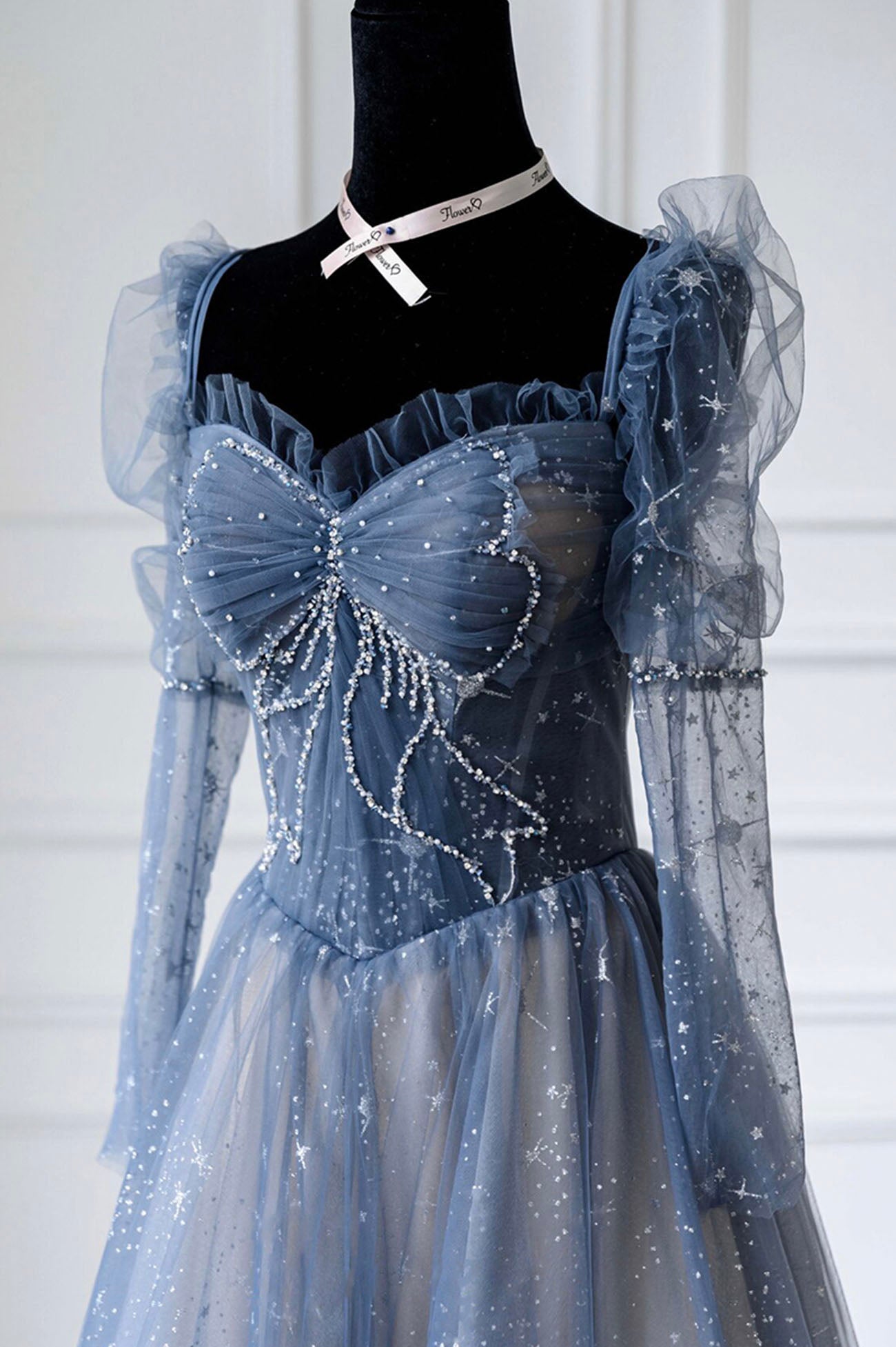 Blue Tulle Beaded Long Prom Dress Outfits For Girls, A-Line Long Sleeve Evening Dress
