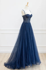 Blue Tulle Beaded Long Prom Dress Outfits For Women Formal Dress Outfits For Girls, Blue Evening Dress