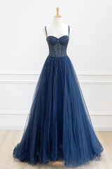 Blue Tulle Beaded Long Prom Dress Outfits For Women Formal Dress Outfits For Girls, Blue Evening Dress