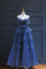 Blue Tulle Beaded Long Senior Prom Dress Outfits For Girls, A-Line Strapless Evening Party Dress