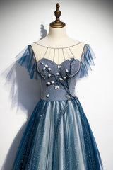 Blue Tulle Beading Long A-Line Prom Dress Outfits For Girls, Scoop Neckline Evening Dress