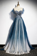Blue Tulle Beading Long A-Line Prom Dress Outfits For Girls, Scoop Neckline Evening Dress