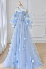 Blue Tulle Flowers Long Prom Dress Outfits For Girls, Lovely A-Line Puff Sleeve Evening Dress