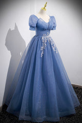 Blue Tulle Lace Floor Length Prom Dress Outfits For Girls, Blue Short Sleeve Evening Dress