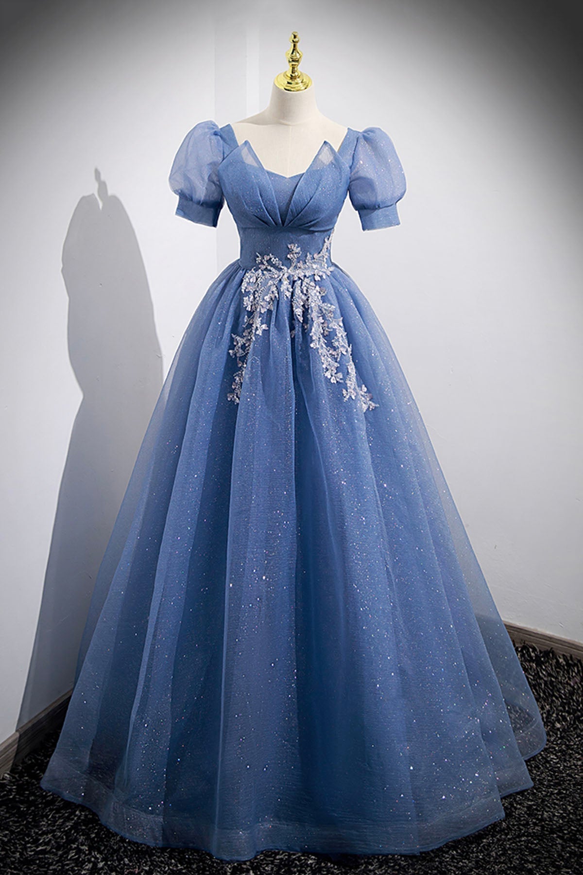 Blue Tulle Lace Floor Length Prom Dress Outfits For Girls, Blue Short Sleeve Evening Dress