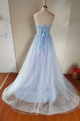 Blue Tulle Lace Long Prom Dress Outfits For Girls, Blue Strapless Evening Dress Outfits For Women with Slit