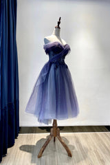 Blue Tulle Lace Short Prom Dress Outfits For Girls, Off the Shoulder Evening Party Dress