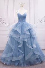 Blue Tulle Layers Long Formal Dress Outfits For Girls, Blue Tulle with Straps Party Dress