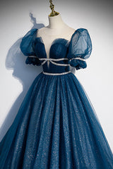 Blue Tulle Long A-Line Prom Dress Outfits For Girls, A-Line Short Sleeve Evening Dress