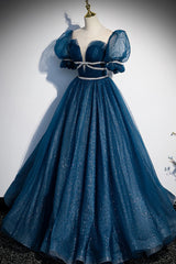 Blue Tulle Long A-Line Prom Dress Outfits For Girls, A-Line Short Sleeve Evening Dress